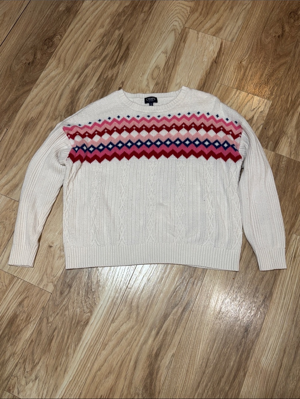 Chaps Cream Cable Knit Sweater with Pink, Red & Blue Fair Isle Pattern XL